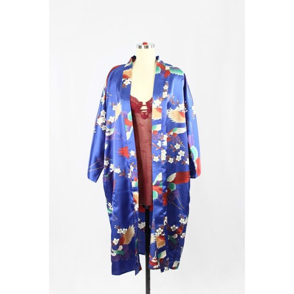 Vintage ICHIBAN Blue Oriental Floral Crane Print Satin Kimono Robe, One Size - Picture 2 of 13